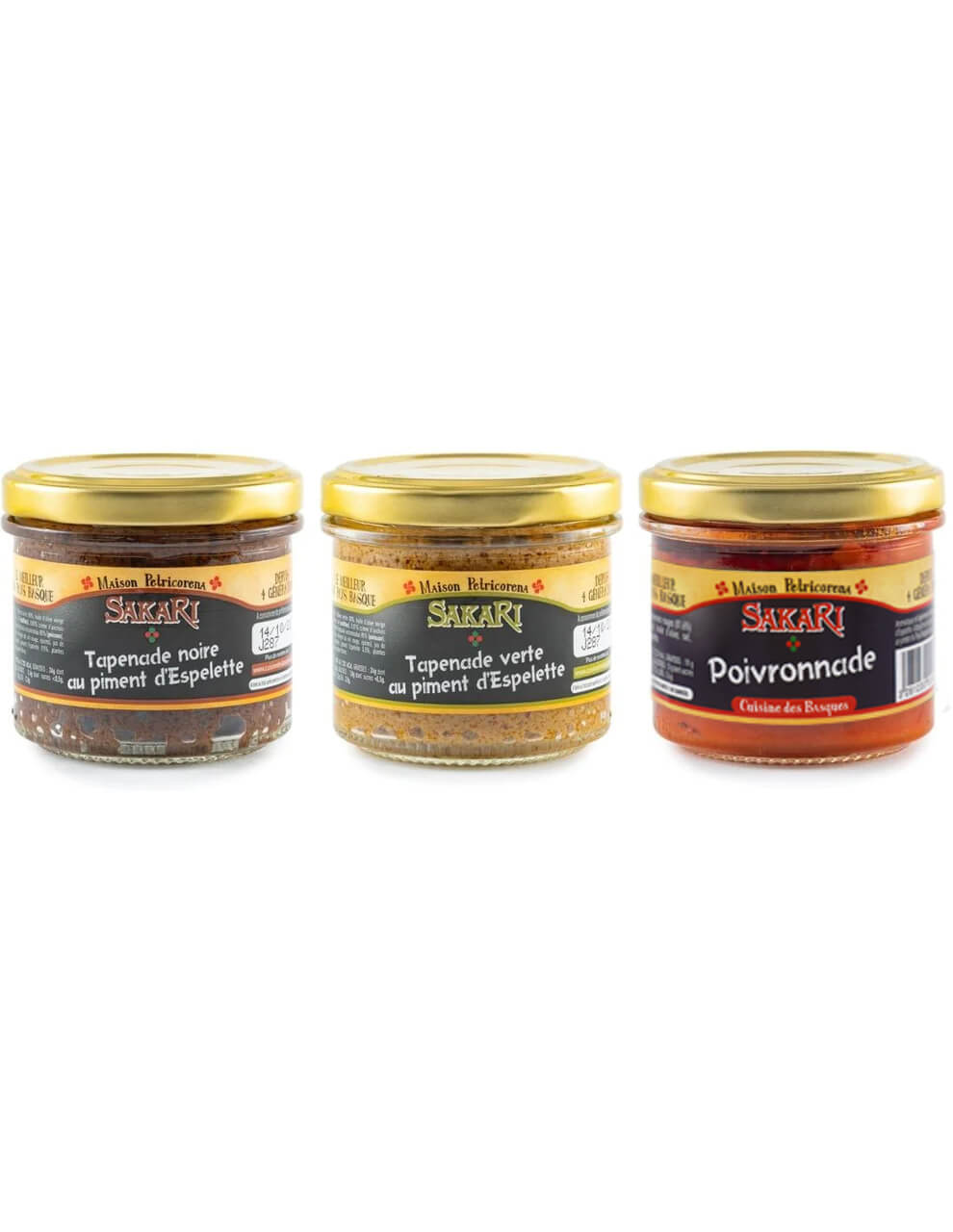 Assortiment de 3 tartinables au piment d'Espelette : tapenade noire, tapenade verte, poivronnade